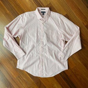 Lands' End Sz XL No Iron Cotton Pink / White / Red / Black Striped  Dress Shirt